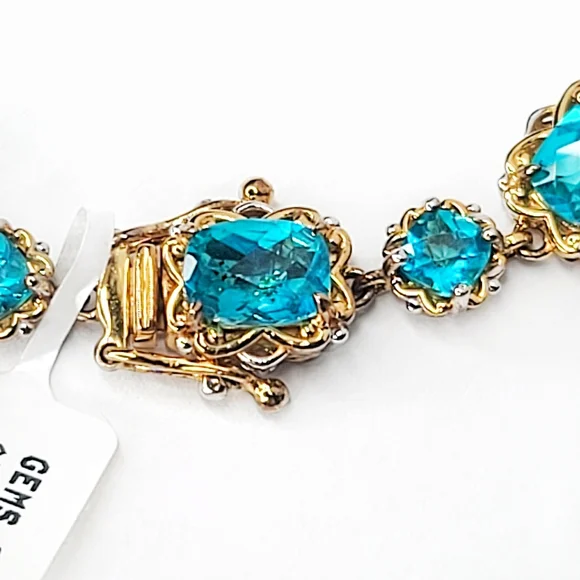 Gems En Vogue | NWT 8" Cushion Cut Paraiba Topaz 18k Gold Sterling Line Bracelet - Picture 5 of 9